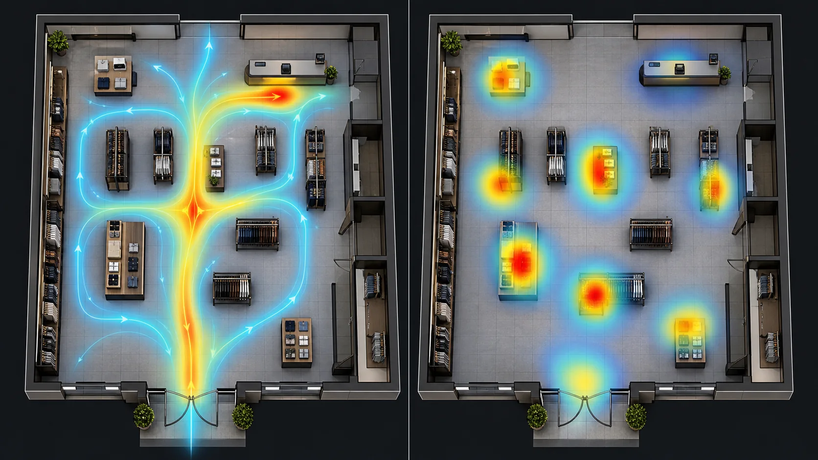 Two-panel retail analytics view comparing customer walking paths with dwell hotspots around merchandise