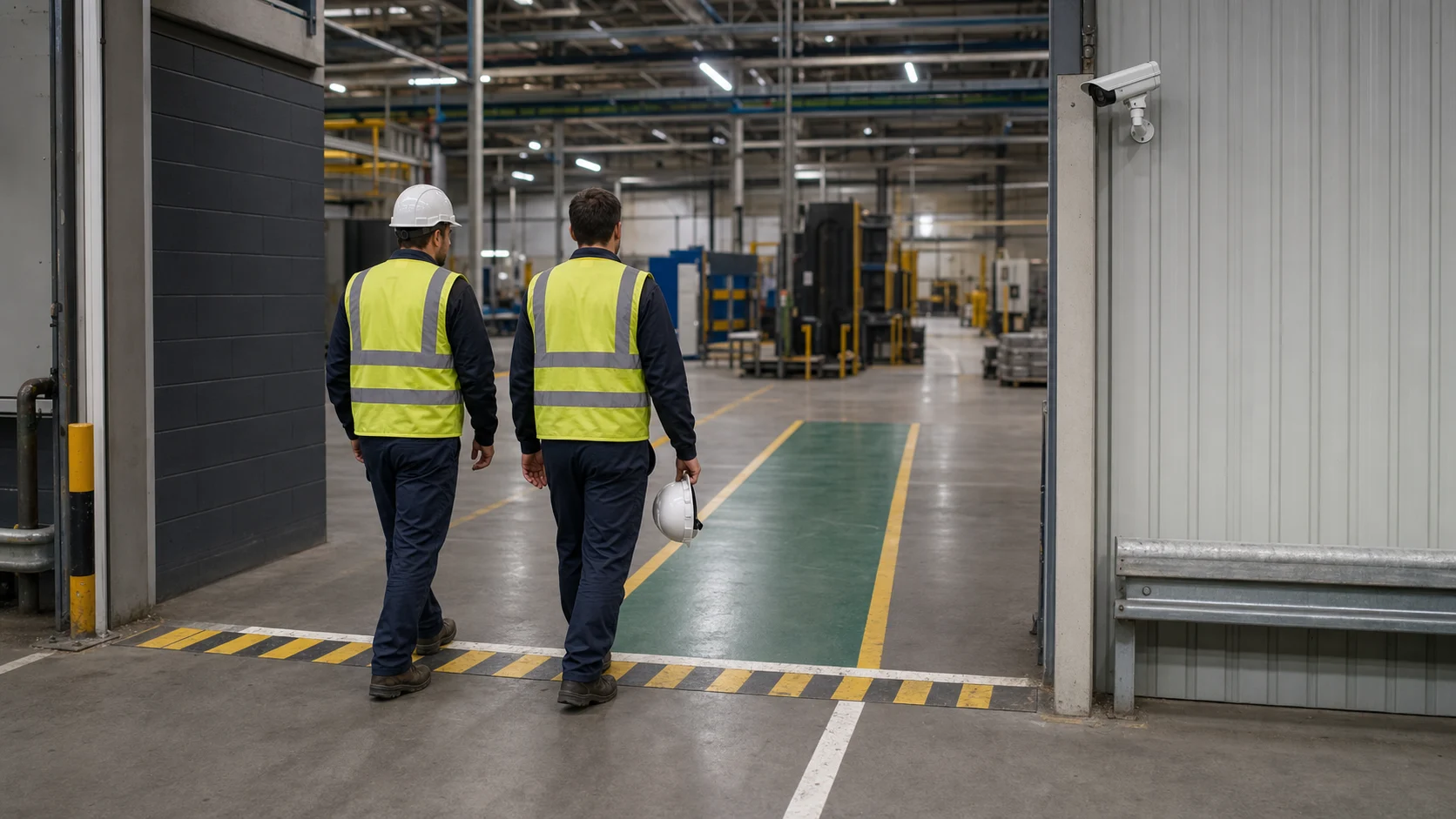 Two workers approach a factory PPE checkpoint, with one carrying a hard hat