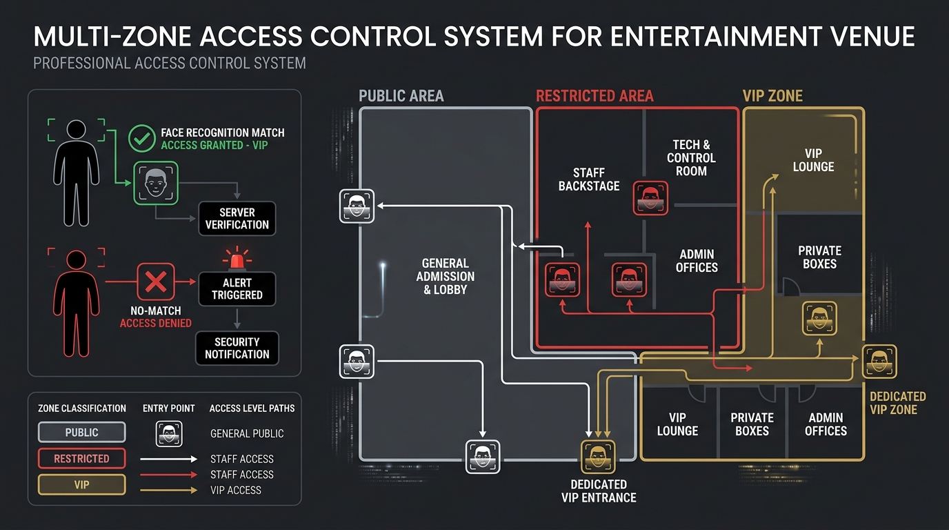 Multi-zone access control diagram for venues