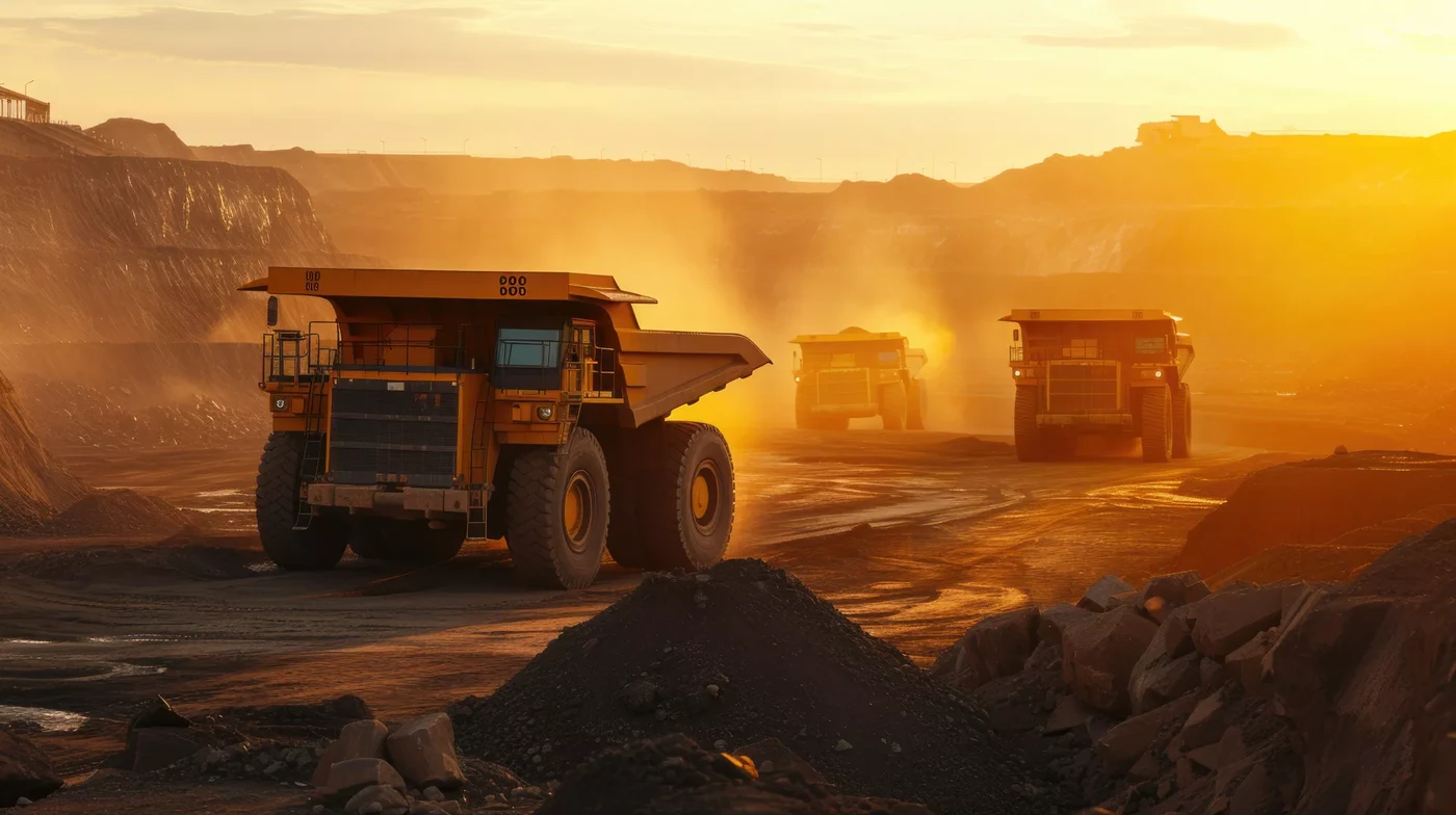 Haul trucks working a mining pit at dusk