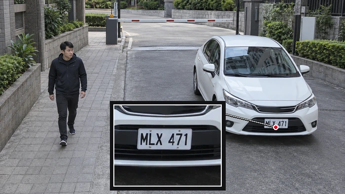 Identification, full surveillance scene with enlarged plate detail
