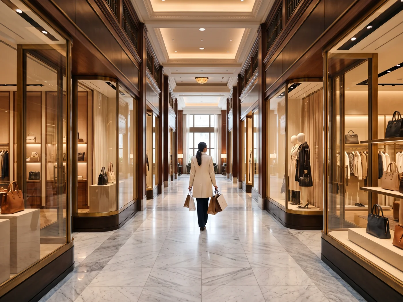Hotel retail arcade: a guest carrying shopping bags walks past boutique display windows