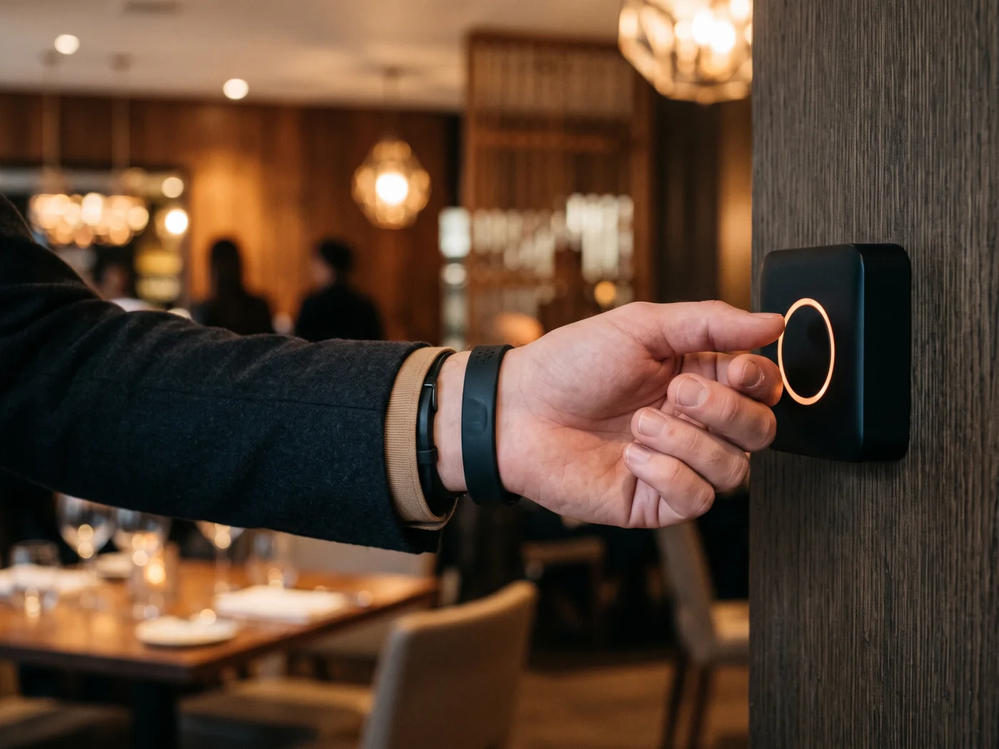 A guest taps a silicone wristband on the reader at the restaurant entrance as its ring lights up
