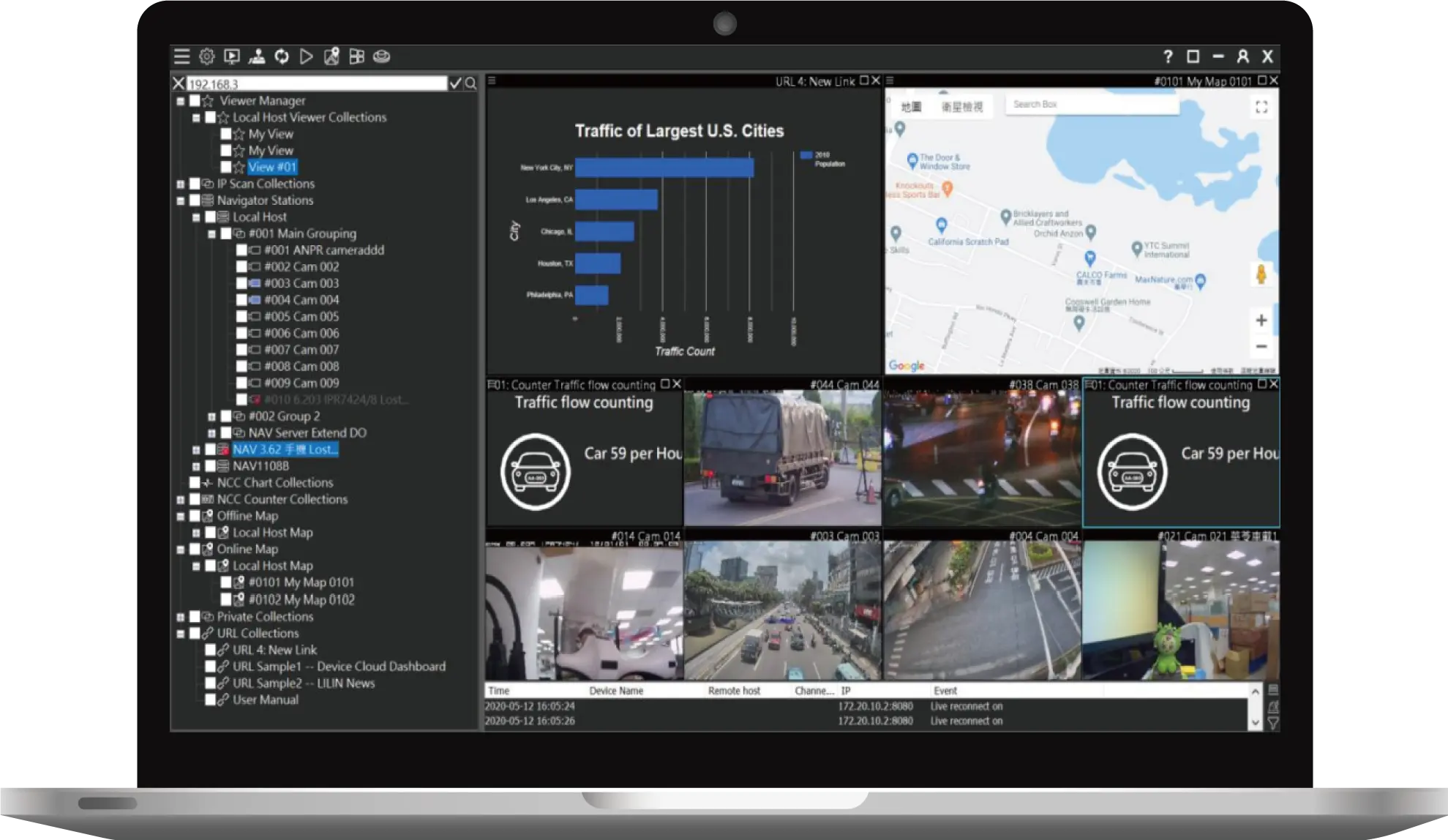 Navigator console screenshot: multi-channel live view, plate recognition event list, statistics charts and e-map